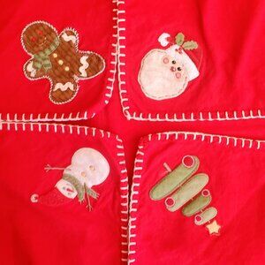 Vtg Christmas Tablecloth 36x36" Santa, Ginger Bread Man, Snowman, Christmas Tree